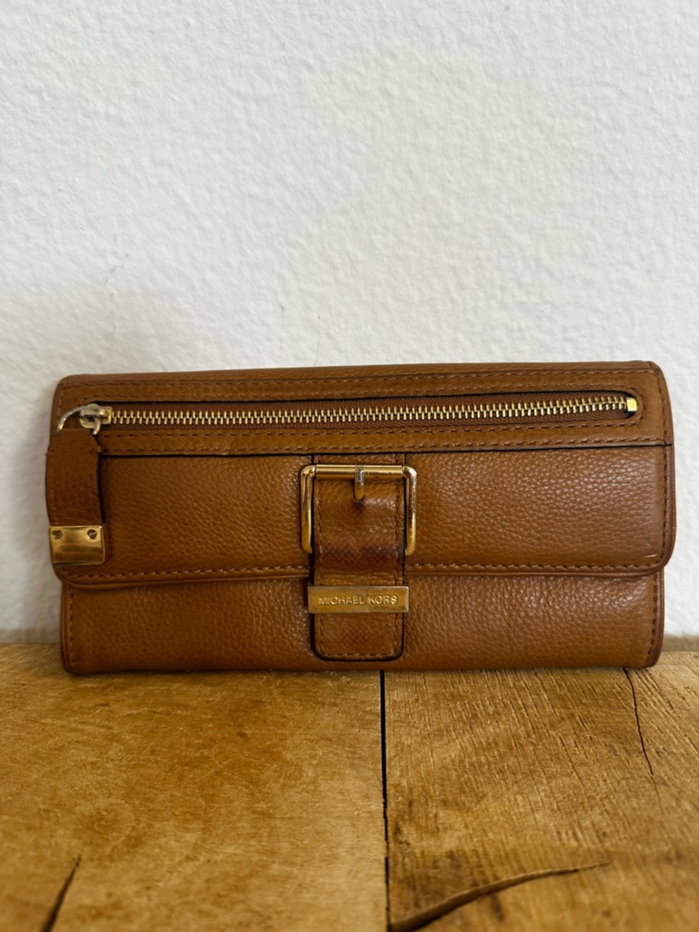 Michael Kors Camel Brown Pebbled Leather Wallet with Gold Hardware